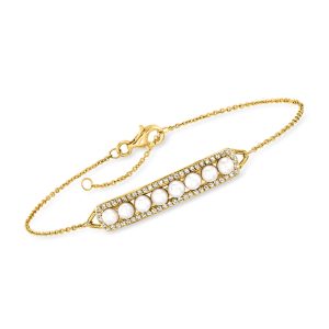 3.5-4mm Cultured Pearl and 1.20 ct. t.w. White Topaz Bar Bracelet in 18kt Gold Over Sterling. 7"