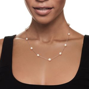 6-8mm Cultured Semi-Baroque Pearl Jewelry Set: Necklace, Bracelet and Drop Earrings in Sterling Silver. 18"