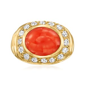 C. 1980 Vintage Red Coral Ring with .80 ct. t.w. Diamonds in 18kt Yellow Gold. Size 5.5