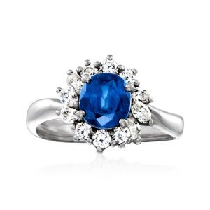 C. 1990 Vintage 1.65 Carat Sapphire and .57 ct. t.w. Diamond Ring in Platinum. Size 6