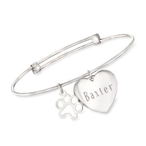 Sterling Silver Personalized Heart Bangle Bracelet with Paw Print Charm