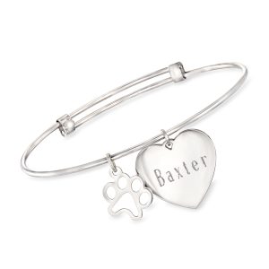 Sterling Silver Personalized Heart Bangle Bracelet with Paw Print Charm