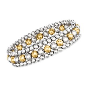 Italian Two-Tone Sterling Silver Jewelry Set: Three 4-6mm Bead Stretch Bracelets