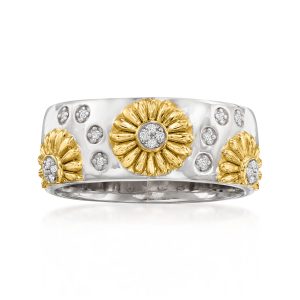 Diamond Sunflower Ring in Sterling Silver and 18kt Gold Over Sterling