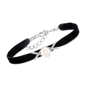 7-7.5mm Cultured Pearl Velvet Bracelet with Diamonds in Sterling Silver