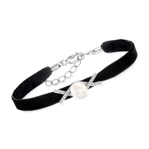 7-7.5mm Cultured Pearl Velvet Bracelet with Diamonds in Sterling Silver