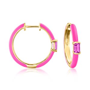 .60 ct. t.w. Rhodolite Garnet and Pink Enamel Hoop Earrings in 18kt Gold Over Sterling. 3/4"