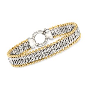 Sterling Silver and 18kt Gold Over Sterling Cuban-Link and Bead Bracelet