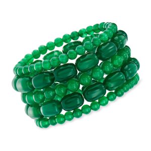 Green Chalcedony Bead Jewelry Set: Five Stretch Bracelets. 7"