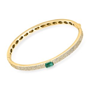 .60 Carat Emerald and 1.00 ct. t.w. Diamond Bangle Bracelet in 14kt Yellow Gold. 7"