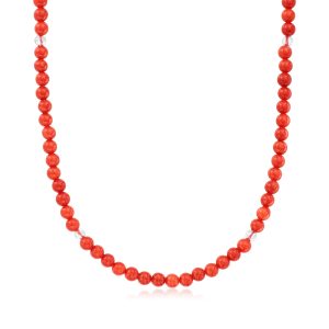C. 1990 Vintage Red Coral and Rock Crystal Bead Necklace with 14kt Yellow Gold. 23"