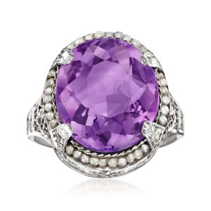 C. 1950 Vintage 6.00 Carat Amethyst Ring with Seed Pearls in 14kt White Gold. Size 6
