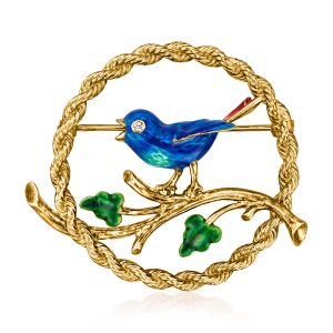 C. 1950 Vintage Multicolored Enamel Bird Pin with Single Diamond in 14kt Yellow Gold