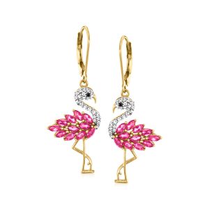 1.60 ct. t.w. Pink Topaz and .40 ct. t.w. White Zircon Flamingo Drop Earrings with Black Spinel in 18kt Gold Over Sterling