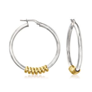 Italian 3mm Two-Tone Sterling Silver Removable Bead Hoop Earrings. 1 1/2"