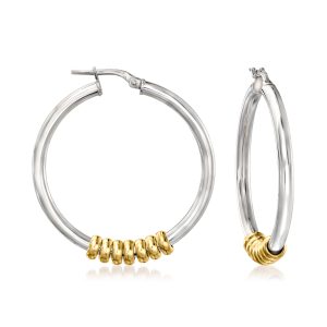 Italian 3mm Two-Tone Sterling Silver Removable Bead Hoop Earrings. 1 1/2"