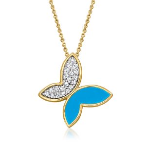 .15 ct. t.w. Diamond and Blue Enamel Butterfly Necklace in 18kt Gold Over Sterling