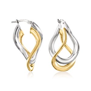 Italian Two-Tone Sterling Silver Curved Double-Hoop Earrings. 1 1/4"