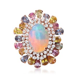 Opal and 5.00 ct. t.w. Multicolored Sapphire Ring with .95 ct. t.w. Diamonds in 18kt Rose Gold. Size 7