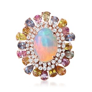 Opal and 5.00 ct. t.w. Multicolored Sapphire Ring with .95 ct. t.w. Diamonds in 18kt Rose Gold. Size 7