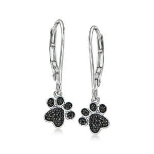 Black Diamond Paw Print Drop Earrings in Sterling Silver