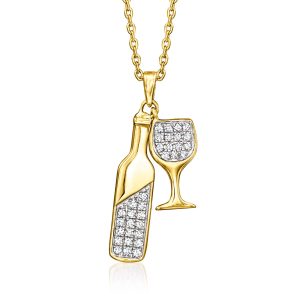 .15 ct. t.w. Diamond Wine Bottle and Glass Charm Necklace in 18kt Gold Over Sterling