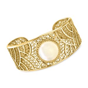 Mother-of-Pearl Filigree Cuff Bracelet in 18kt Gold Over Sterling. 8"