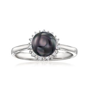 7-7.5mm Black Cultured Pearl Ring with Diamonds in Sterling Silver