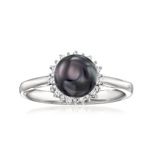 7-7.5mm Black Cultured Pearl Ring with Diamonds in Sterling Silver