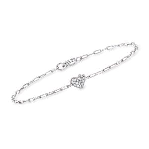 .10 ct. t.w. Pave Diamond Heart Paper Clip Link Bracelet in Sterling Silver. 7"
