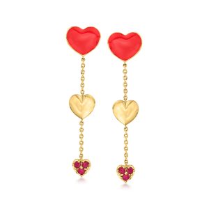 .20 ct. t.w. Ruby and Red Enamel Heart Drop Earrings in 18kt Gold Over Sterling