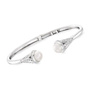 8mm Cultured Pearl and .80 ct. t.w. White Topaz Cuff Bracelet in Sterling Silver. 7"