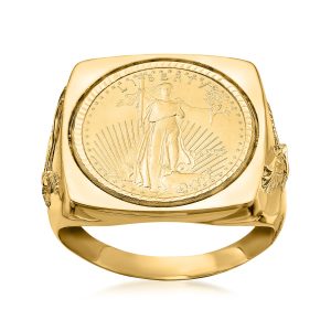 Men's 22kt Yellow Gold American Eagle Coin Square-Top Ring in 14kt Yellow Gold