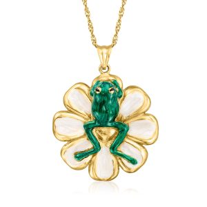 Italian Multicolored Enamel Frog on a Flower Pendant Necklace in 18kt Gold Over Sterling