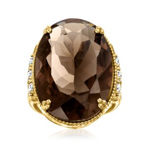 20.00 Carat Smoky Quartz and 1.60 ct. t.w. White Zircon Ring in 18kt Gold Over Sterling