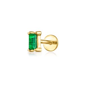 Baguette Emerald Single Flat-Back Stud Earring in 14kt Yellow Gold