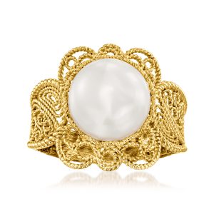 9-9.5mm Cultured Pearl Filigree Ring in 18kt Gold Over Sterling