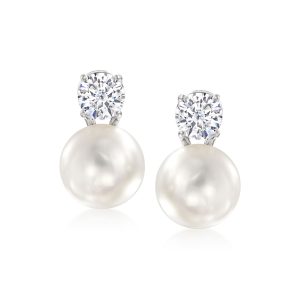 Italian 10.5-11mm Cultured Pearl and 1.50 ct. t.w. CZ Drop Earrings in Sterling Silver