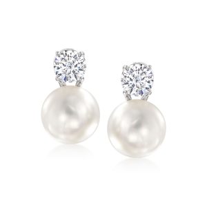 Italian 10.5-11mm Cultured Pearl and 1.50 ct. t.w. CZ Drop Earrings in Sterling Silver