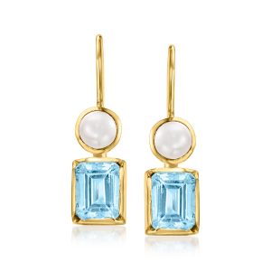 5mm Cultured Pearl and 3.40 ct. t.w. Sky Blue Topaz Drop Earrings in 18kt Gold Over Sterling