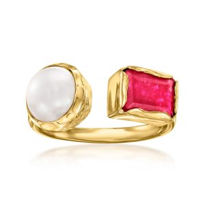 8-8.5mm Cultured Pearl and 1.50 Carat Pink Quartz Toi et Moi Ring in 18kt Gold Over Sterling