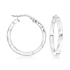 Italian Sterling Silver Hammered Hoop Earrings. 1 1/4"