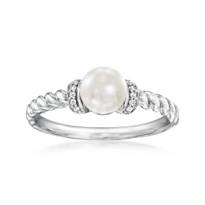 5.5-6mm Cultured Pearl Ring with Diamonds in Sterling Silver