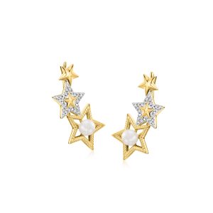 4-4.5mm Cultured Pearl Star Ear Climbers with Diamonds in 18kt Gold Over Sterling