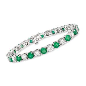 9.50 ct. t.w. Emerald and 10.00 ct. t.w. Lab-Grown Diamond Tennis Bracelet in 14kt White Gold. 7"
