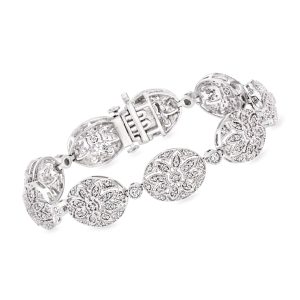2.00 ct. t.w. Diamond Flower Oval-Link Bracelet in Sterling Silver. 7"