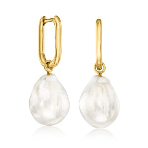 18kt Gold Over Sterling Hoop Earrings with Removable 10-13mm Cultured Baroque Pearl Drops
