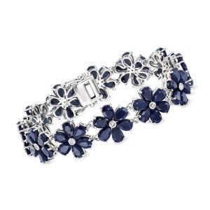 45.00 ct. t.w. Sapphire and .10 ct. t.w. Diamond Flower Bracelet in Sterling Silver