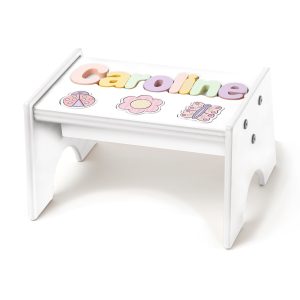 Child's Personalized Name Garden-Themed White Puzzle Stool - Pastel Colors