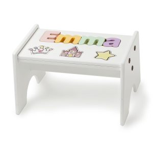 Child's Personalized Name Princess-Themed White Puzzle Stool - Pastel Colors
